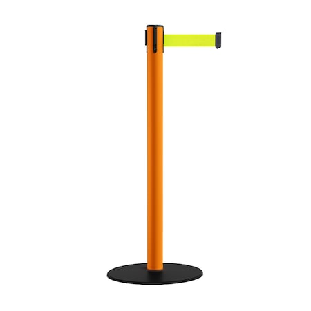 Montour Line Retractable Belt Stanchion, Low Base, 2.5" Orange Post 11' Fl.Yel Belt S400-OR-FYW-110